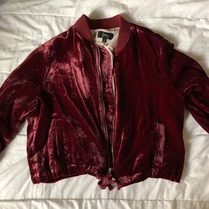 J CREW cropped maroon velvet bomber jacket